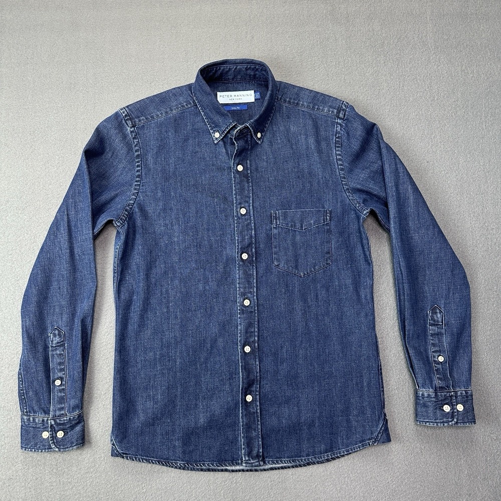 Peter Manning Mens Slim Fit Denim Button Down Shirt Size 2 Blue Medium Wash